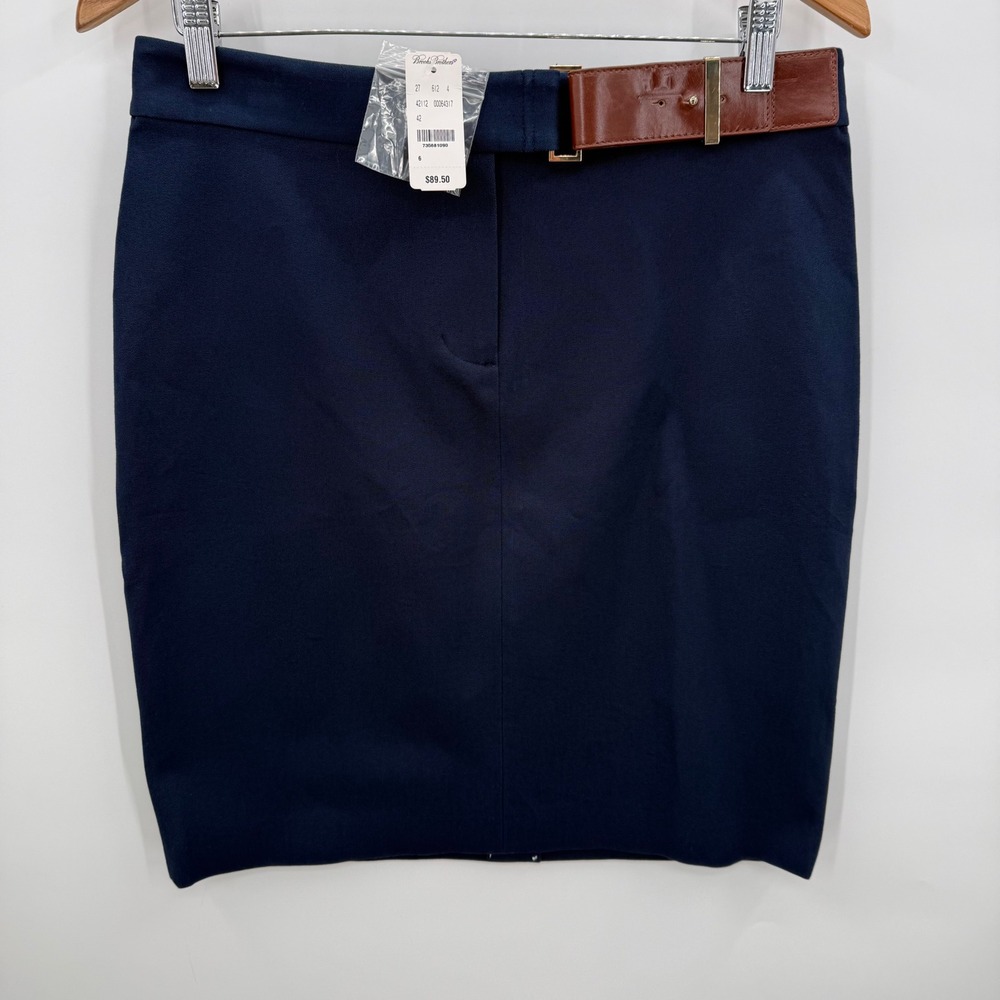 Brooks Brothers Navy Blue Pencil Skirt‎ Leather Belt Gold Hardware Size 6 NEW